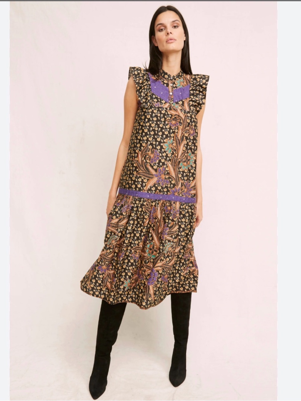 WARM Floral Sleeveless Midi Dress in Black and Purple size M